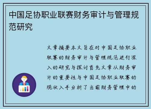 中国足协职业联赛财务审计与管理规范研究 中国足协职业联赛财务审计与管理规范研究